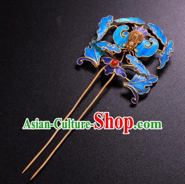 China Ancient Qing Dynasty Empress Blueing Bat Hairpin Traditional Handmade Coral Hair Stick