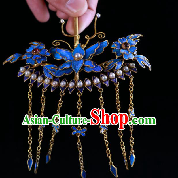 China Qing Dynasty Pearls Hairpin Handmade Ancient Imperial Consort Blueing Tassel Hair Stick