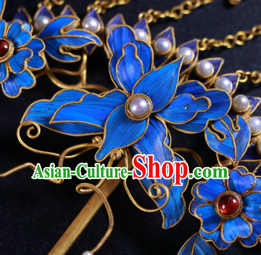 China Qing Dynasty Pearls Hairpin Handmade Ancient Imperial Consort Blueing Tassel Hair Stick