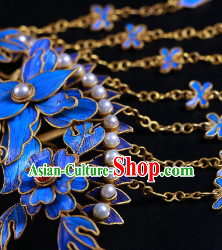 China Qing Dynasty Pearls Hairpin Handmade Ancient Imperial Consort Blueing Tassel Hair Stick