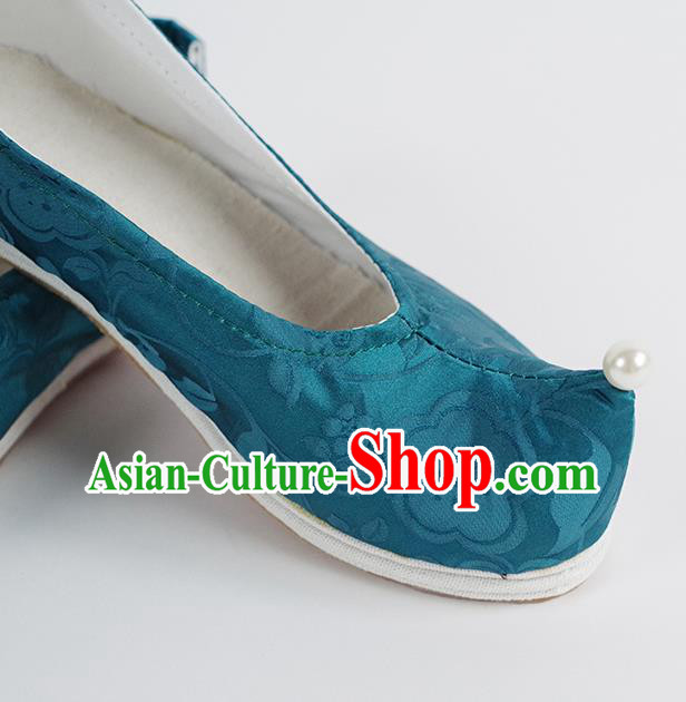 Handmade Chinese Hanfu Shoes Ancient Ming Dynasty Princess Shoes Traditional Blue Silk Bow Shoes