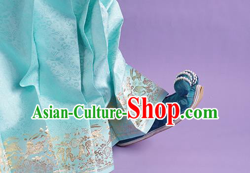 Handmade Chinese Ancient Han Dynasty Princess Shoes Traditional Blue Silk Shoes Hanfu Pearls Shoes