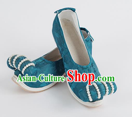 Handmade Chinese Ancient Han Dynasty Princess Shoes Traditional Blue Silk Shoes Hanfu Pearls Shoes