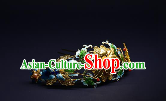 China Ming Dynasty Blueing Butterfly Hair Crown Ancient Empress Hair Stick Traditional Hair Jewelry