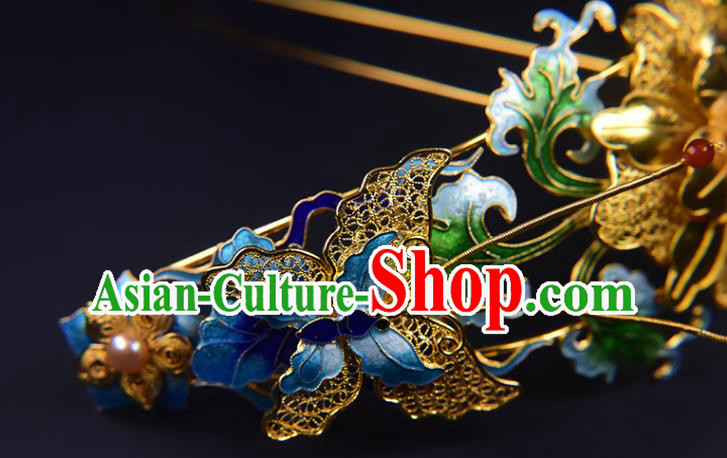 China Ming Dynasty Blueing Butterfly Hair Crown Ancient Empress Hair Stick Traditional Hair Jewelry