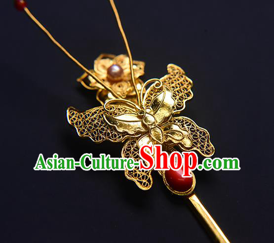 China Traditional Hair Jewelry Ming Dynasty Filigree Butterfly Hairpin Ancient Empress Golden Hair Stick