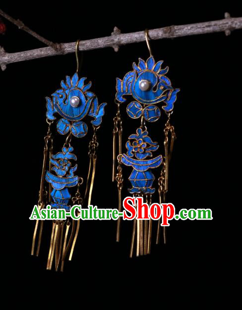 Chinese Classical Earrings Ancient Court Blueing Phoenix Jewelry Qing Dynasty Imperial Consort Ear Accessories