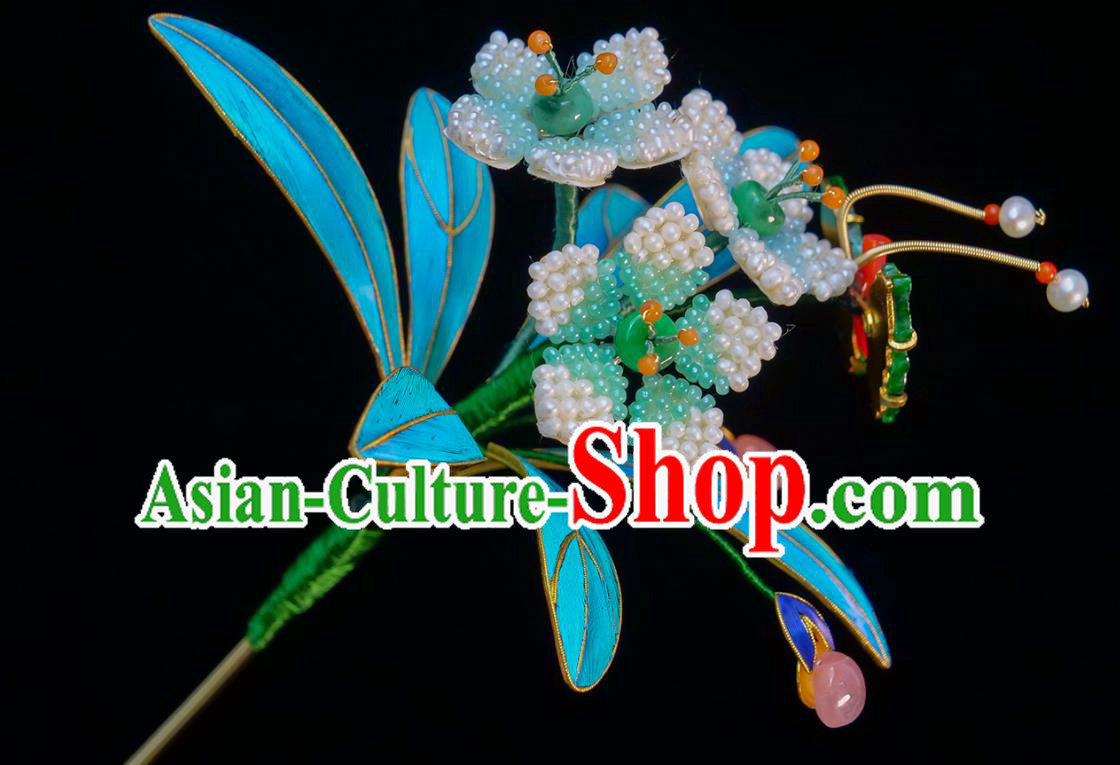 China Traditional Court Jade Hair Jewelry Qing Dynasty Daffodil Hair Stick Ancient Empress Pearls Hairpin