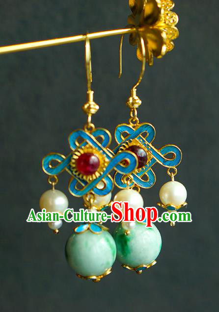 Chinese Qing Dynasty Palace Lady Pearls Ear Accessories Ancient Empress Jadeite Earrings