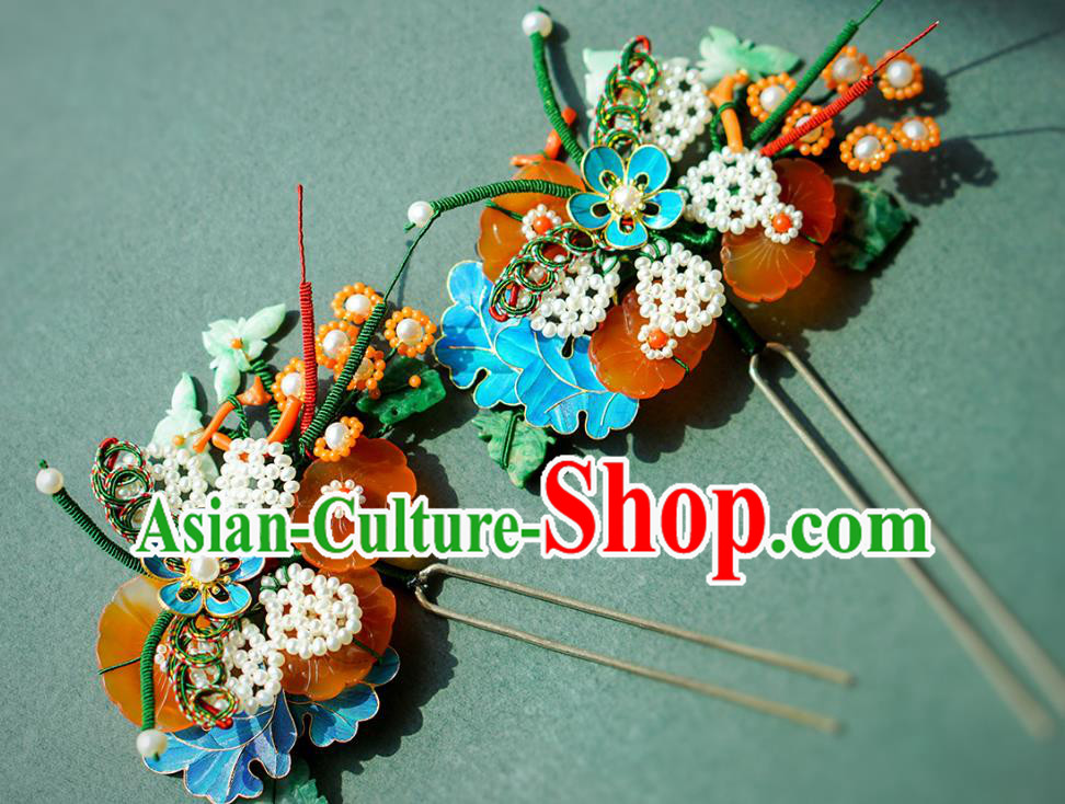 China Qing Dynasty Queen Agate Plum Blossom Hair Stick Traditional Court Hair Jewelry Ancient Empress Pearls Hairpin