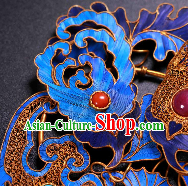 China Ancient Qing Dynasty Court Empress Gems Hairpin Traditional Handmade Filigree Bat Hair Crown