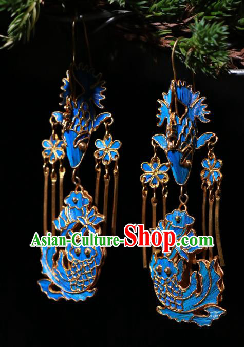 Chinese Classical Cheongsam Earrings Jewelry Ancient Qing Dynasty Blueing Lotus Fish Ear Accessories