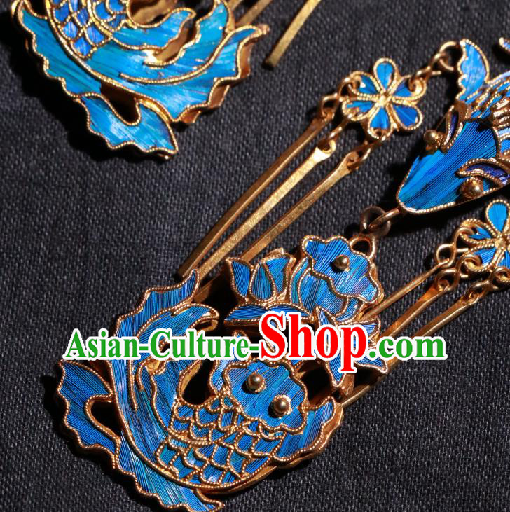 Chinese Classical Cheongsam Earrings Jewelry Ancient Qing Dynasty Blueing Lotus Fish Ear Accessories