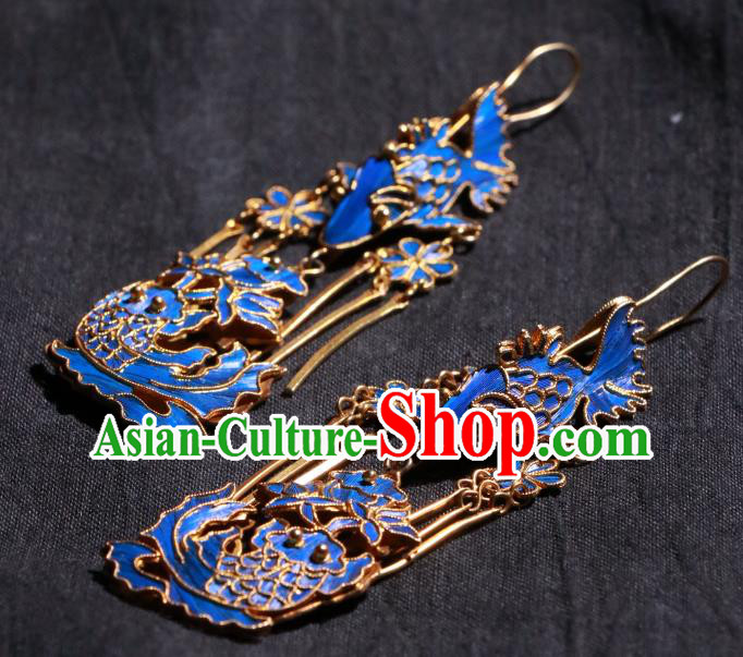 Chinese Classical Cheongsam Earrings Jewelry Ancient Qing Dynasty Blueing Lotus Fish Ear Accessories