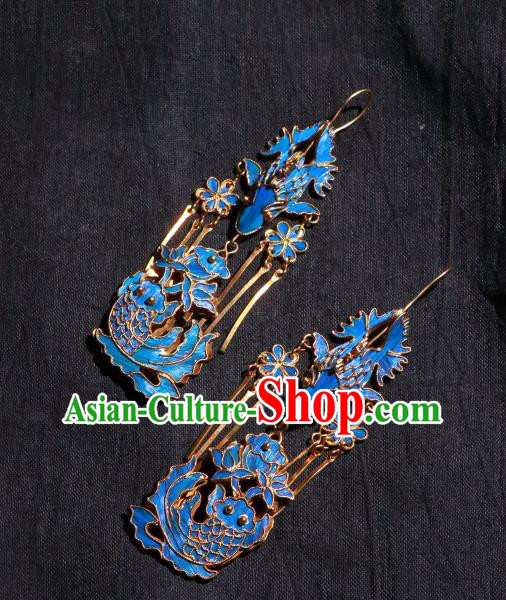 Chinese Classical Cheongsam Earrings Jewelry Ancient Qing Dynasty Blueing Lotus Fish Ear Accessories
