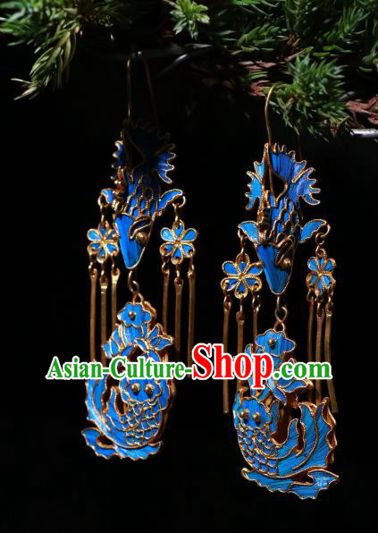 Chinese Classical Cheongsam Earrings Jewelry Ancient Qing Dynasty Blueing Lotus Fish Ear Accessories