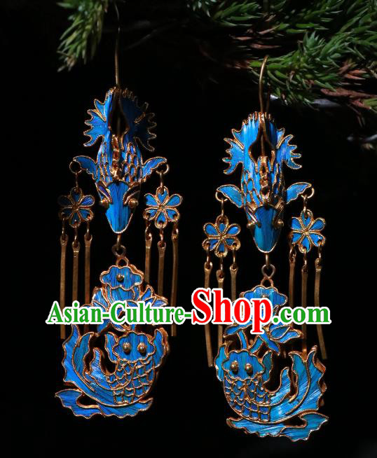 Chinese Classical Cheongsam Earrings Jewelry Ancient Qing Dynasty Blueing Lotus Fish Ear Accessories