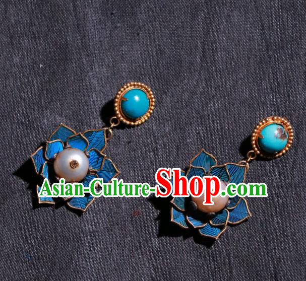 Chinese Classical Pearl Jewelry Qing Dynasty Earrings Ancient Palace Lady Blueing Lotus Ear Accessories
