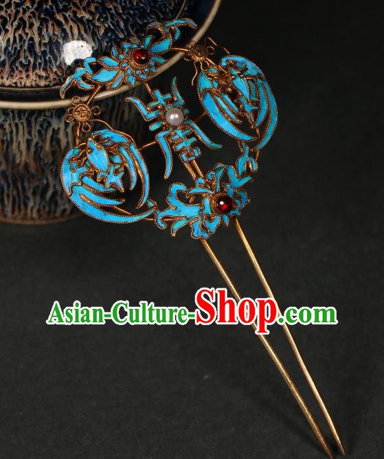 China Ancient Empress Hair Stick Handmade Cloisonne Bat Hair Accessories Qing Dynasty Garnet Hairpin
