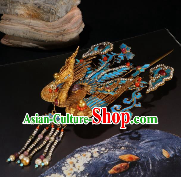 China Ancient Empress Filigree Phoenix Hair Crown Traditional Hair Jewelry Handmade Qing Dynasty Queen Pearls Tassel Hairpin