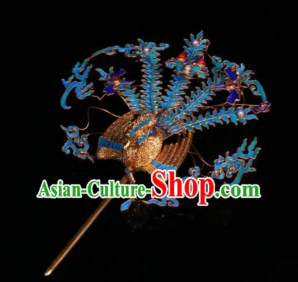 China Ancient Imperial Empress Filigree Phoenix Hair Stick Handmade Qing Dynasty Blueing Sapphire Hairpin