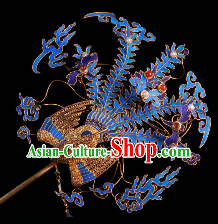 China Ancient Imperial Empress Filigree Phoenix Hair Stick Handmade Qing Dynasty Blueing Sapphire Hairpin