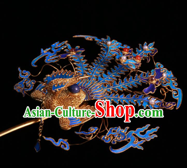 China Ancient Imperial Empress Filigree Phoenix Hair Stick Handmade Qing Dynasty Blueing Sapphire Hairpin