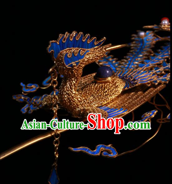 China Ancient Imperial Empress Filigree Phoenix Hair Stick Handmade Qing Dynasty Blueing Sapphire Hairpin