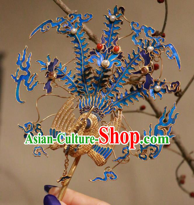 China Ancient Imperial Empress Filigree Phoenix Hair Stick Handmade Qing Dynasty Blueing Sapphire Hairpin