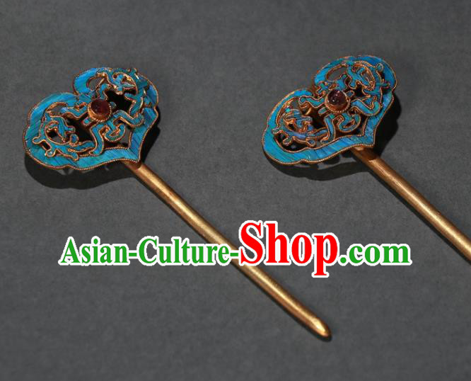 China Ancient Court Cloisonne Hair Stick Traditional Garnet Hair Jewelry Qing Dynasty Empress Hairpin