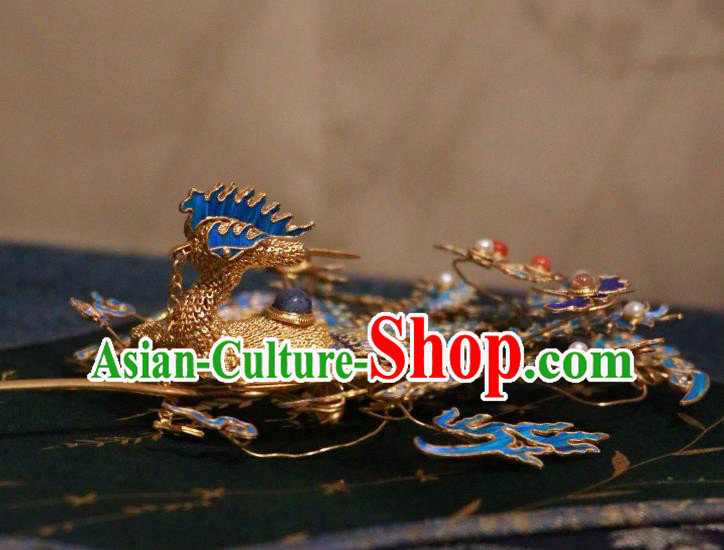 China Ancient Imperial Empress Filigree Phoenix Hair Stick Handmade Qing Dynasty Blueing Sapphire Hairpin