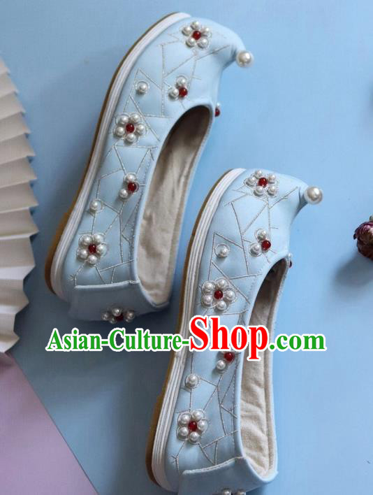 Handmade Chinese Wedding Embroidered Pearls Shoes Traditional Hanfu Shoes Ancient Princess Bow Shoes