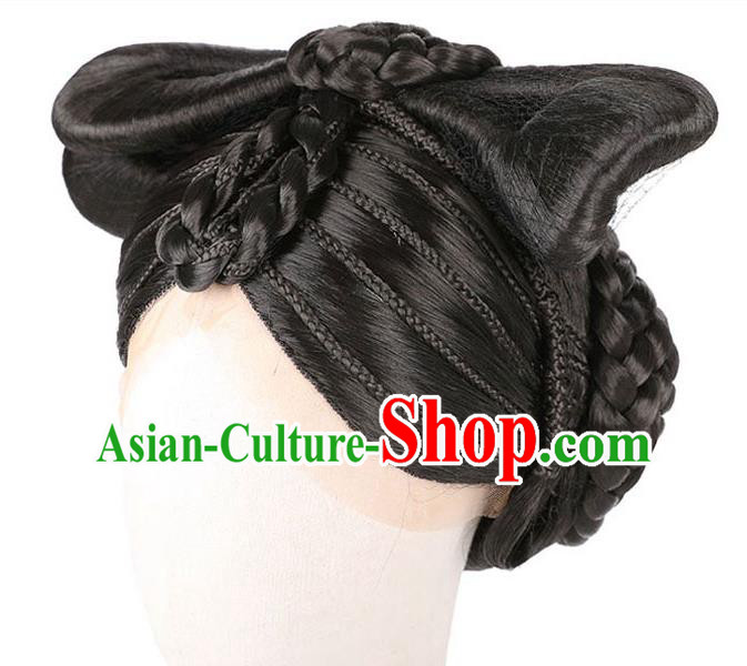 Handmade Chinese Traditional Tang Dynasty Queen Wigs Chignon Ancient Empress Wig Sheath Headwear