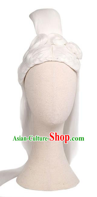 Handmade Chinese Ancient Female Swordsman White Wig Sheath Traditional Warring States Period Princess Rong Le Wigs Chignon