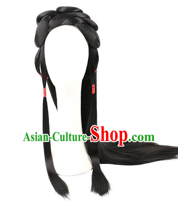 Handmade Chinese Ancient Palace Princess Wig Sheath Traditional Ming Dynasty Female Swordsman Wigs Chignon