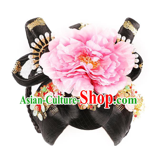Handmade Chinese Ancient Royal Queen Wig Sheath Traditional Tang Dynasty Empress Wigs Chignon Headwear