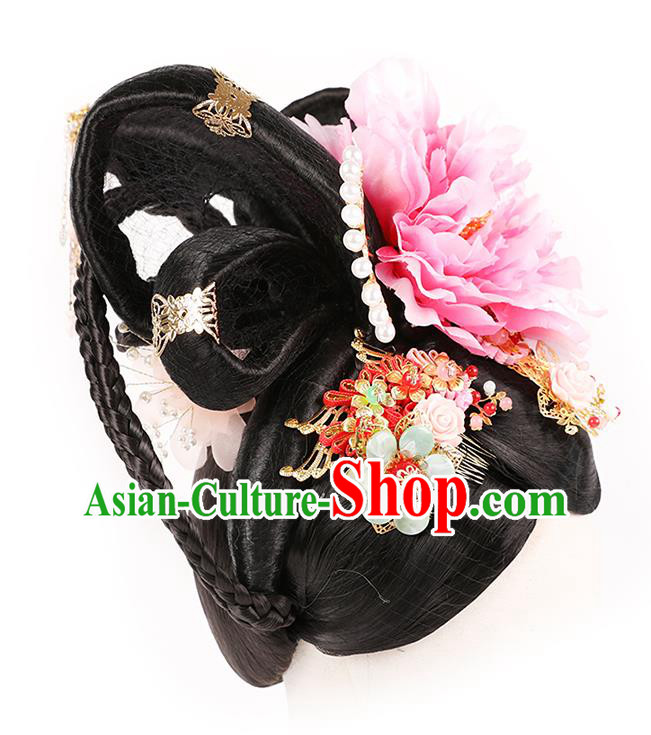 Handmade Chinese Ancient Royal Queen Wig Sheath Traditional Tang Dynasty Empress Wigs Chignon Headwear