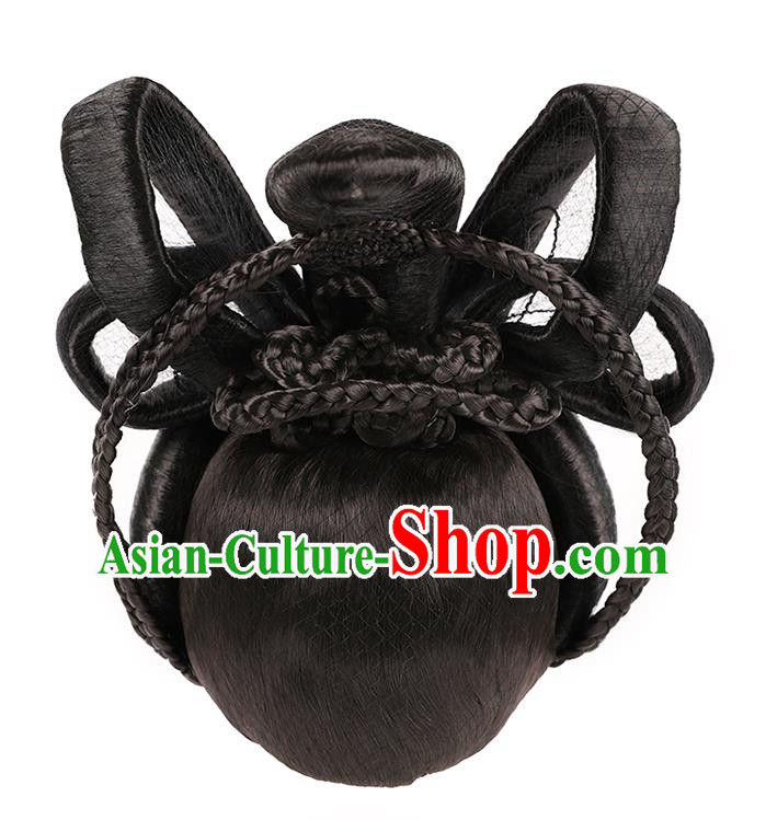 Handmade Chinese Ancient Royal Queen Wig Sheath Traditional Tang Dynasty Empress Wigs Chignon Headwear