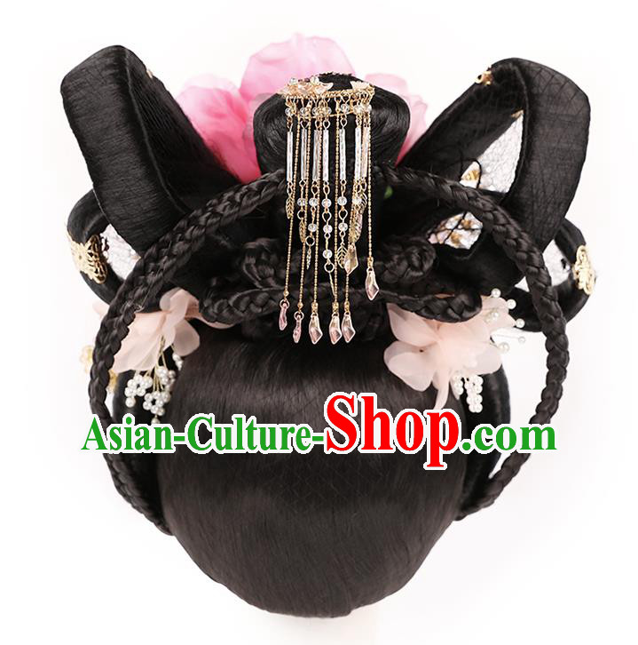 Handmade Chinese Ancient Royal Queen Wig Sheath Traditional Tang Dynasty Empress Wigs Chignon Headwear