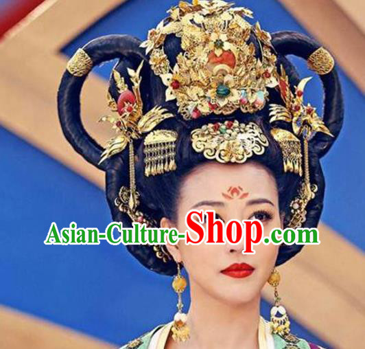 Handmade Chinese Ancient Royal Queen Wig Sheath Traditional Tang Dynasty Empress Wigs Chignon Headwear