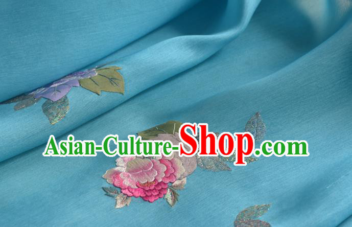 Chinese Embroidered Peony Blue Silk Traditional Hanfu Silk Fabric