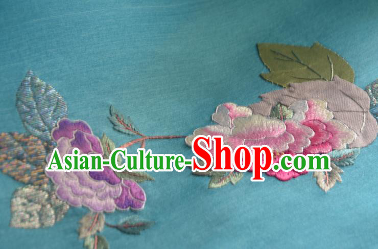 Chinese Embroidered Peony Blue Silk Traditional Hanfu Silk Fabric
