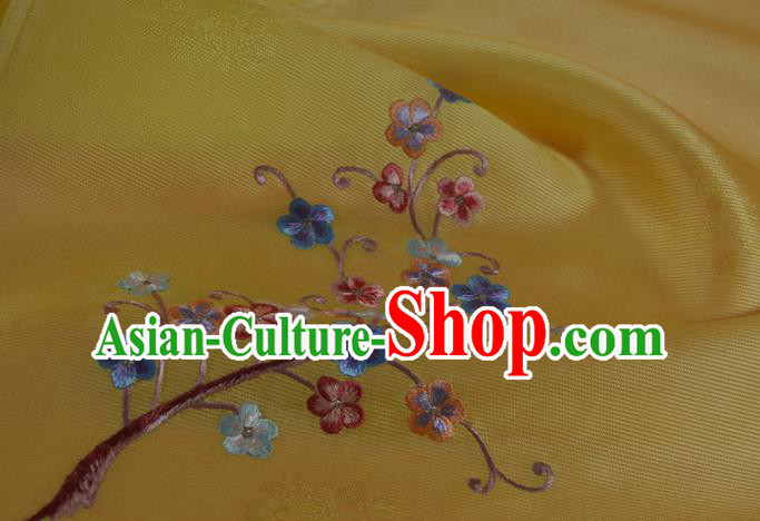 Chinese Yellow Silk Material Traditional Hanfu Embroidered Plum Blossom Silk Fabric
