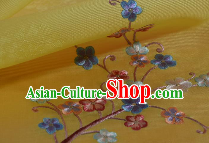Chinese Yellow Silk Material Traditional Hanfu Embroidered Plum Blossom Silk Fabric