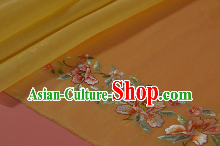 Chinese Embroidered Flowers Silk Material Traditional Hanfu Yellow Silk Fabric