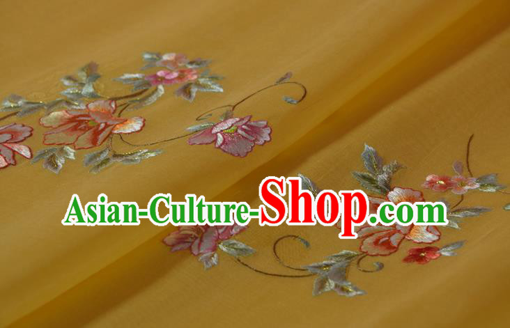 Chinese Embroidered Flowers Silk Material Traditional Hanfu Yellow Silk Fabric