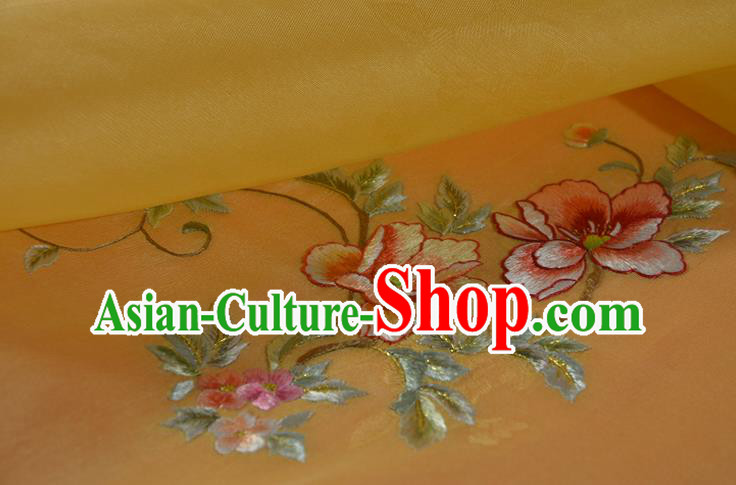 Chinese Embroidered Flowers Silk Material Traditional Hanfu Yellow Silk Fabric