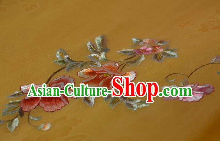 Chinese Traditional Hanfu Yellow Silk Fabric Embroidered Flowers Silk Material