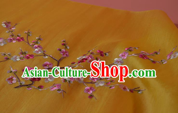 Chinese Traditional Hanfu Dress Yellow Silk Fabric Embroidered Plum Blossom Silk Material