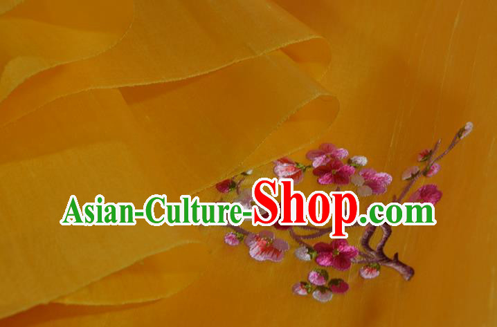 Chinese Traditional Hanfu Dress Yellow Silk Fabric Embroidered Plum Blossom Silk Material